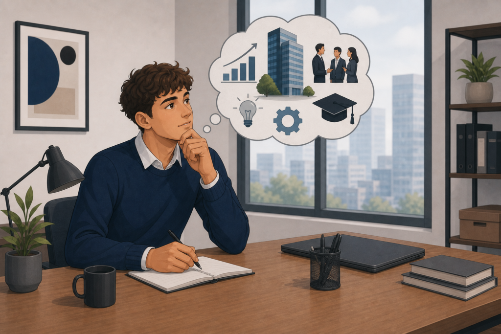 un jeune réfléchit à ses critères de choix pour sa future entreprise d'accueil pour son alternance