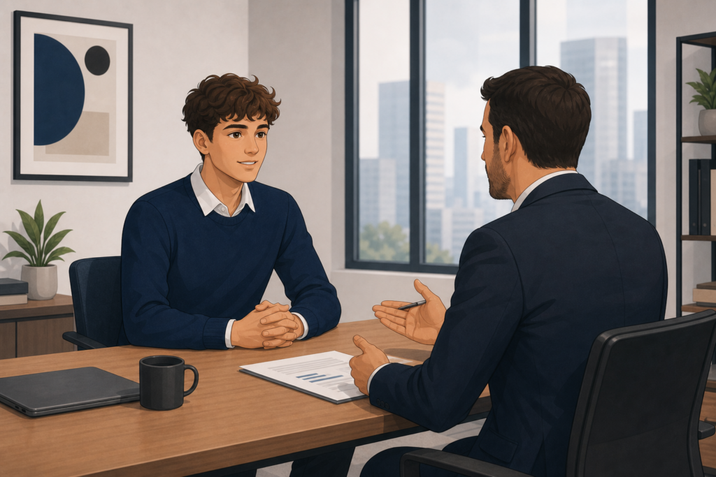 un jeune homme passe son entretien de recrutement dans une entreprise.